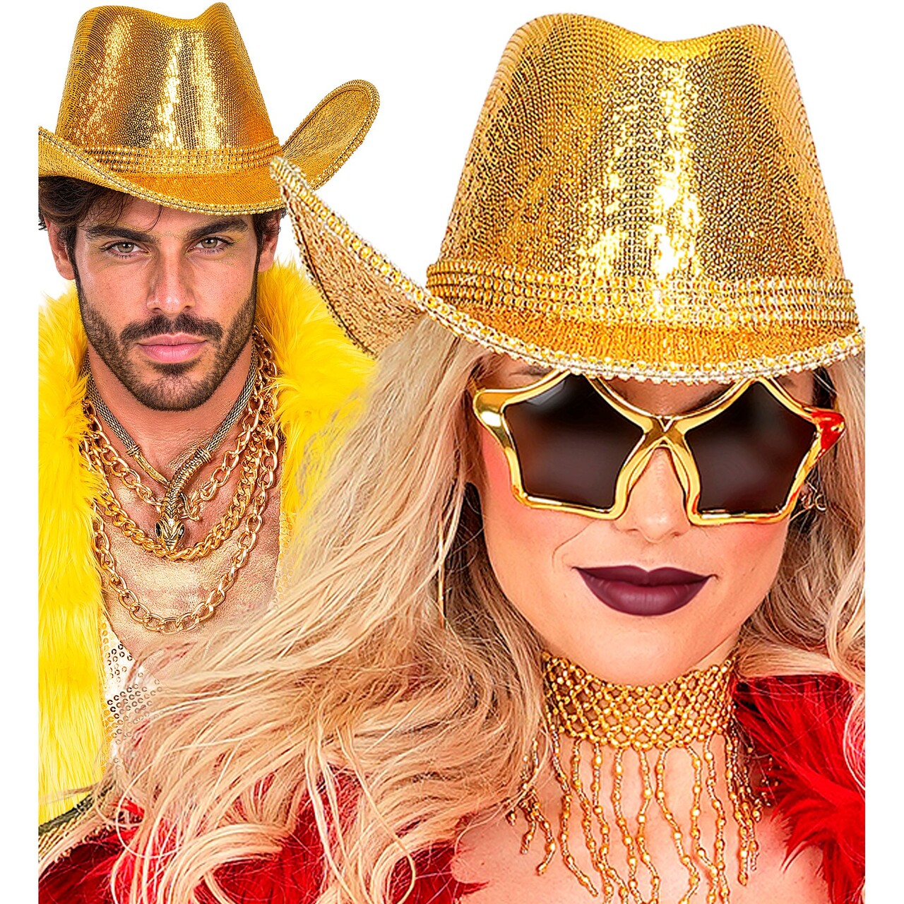 Op deze afbeelding zie je een Accessoires, van het merk Widmann. Gouden Glitter Cowboyhoed Met Strass