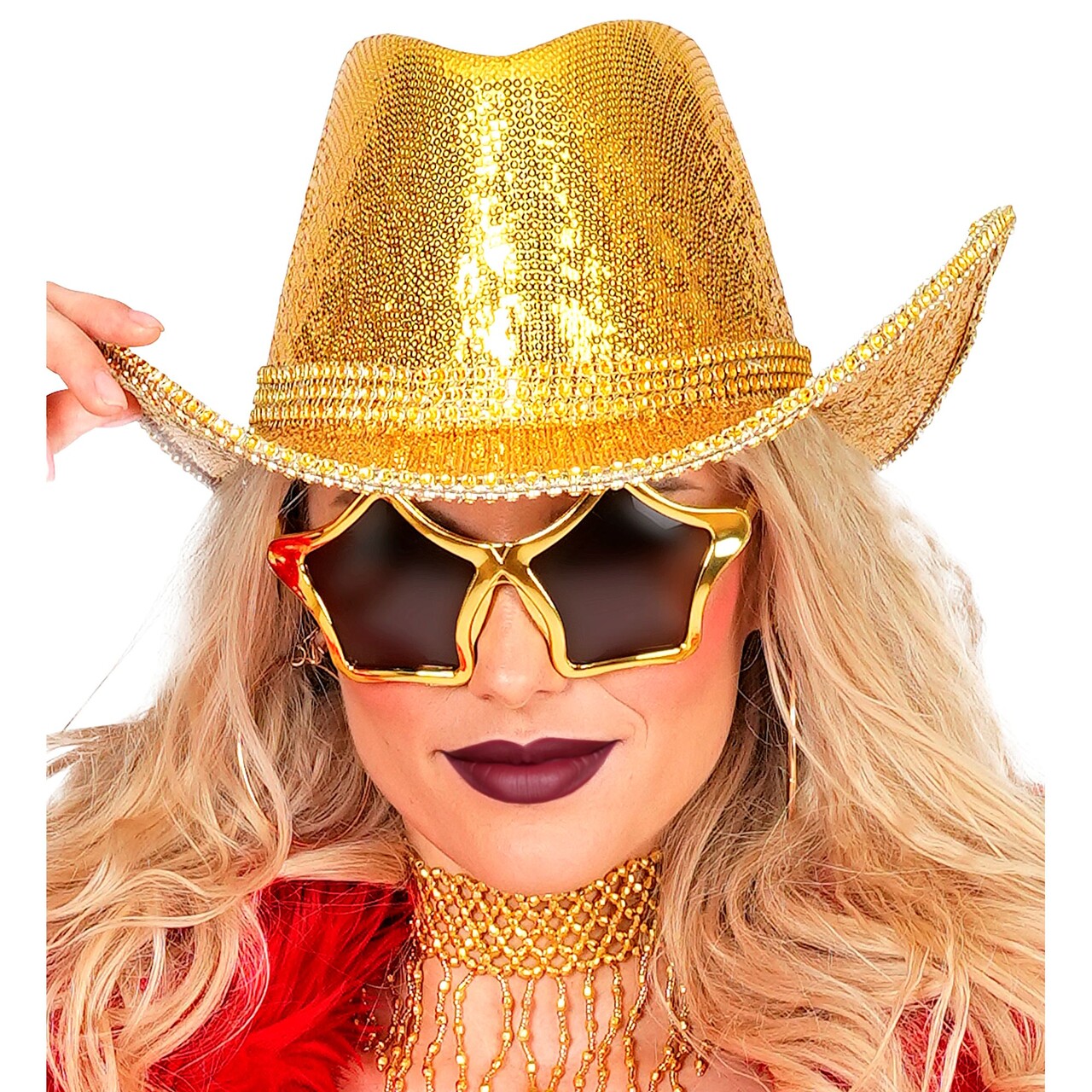 Op deze afbeelding zie je een Accessoires, van het merk Widmann. Gouden Glitter Cowboyhoed Met Strass