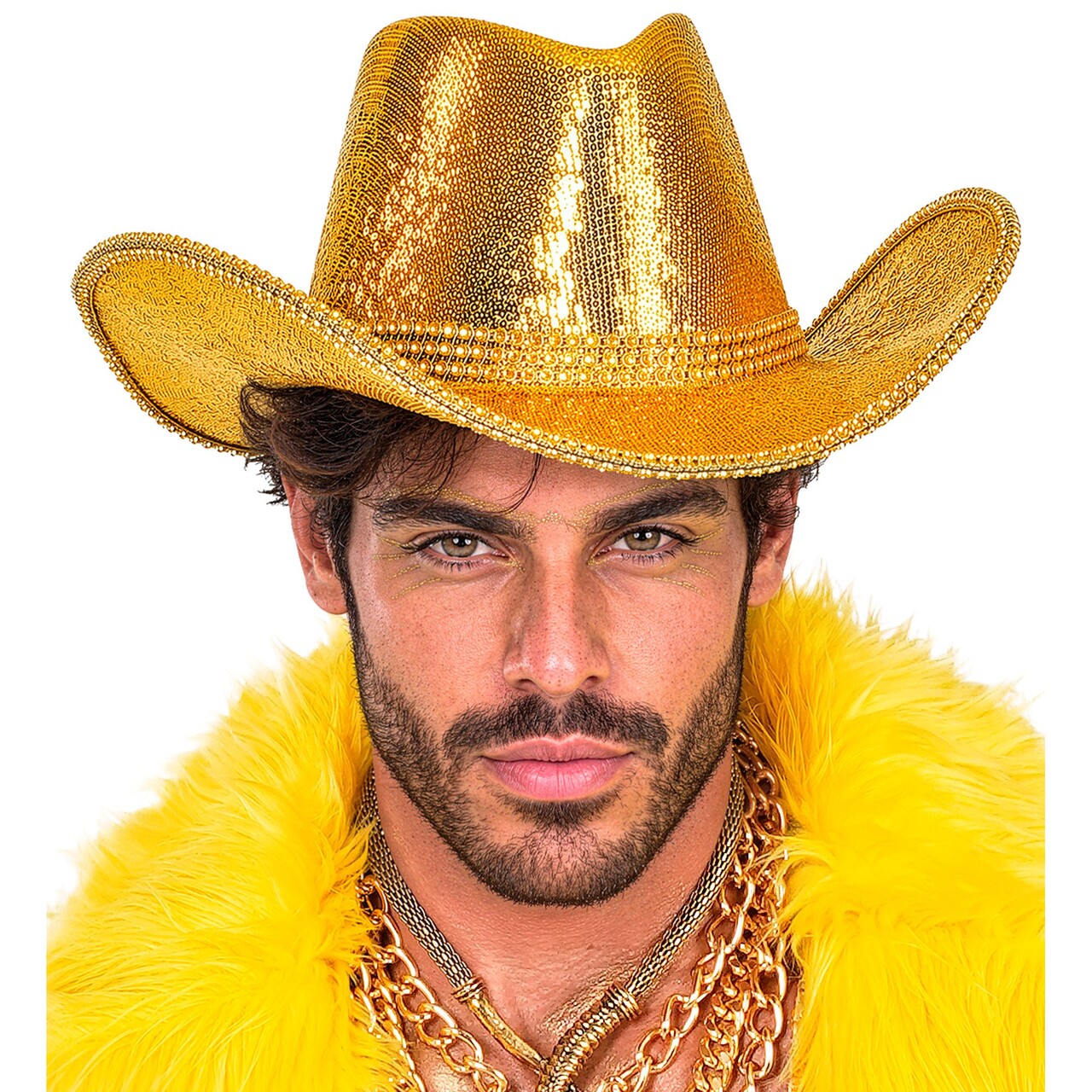 Op deze afbeelding zie je een Accessoires, van het merk Widmann. Gouden Glitter Cowboyhoed Met Strass