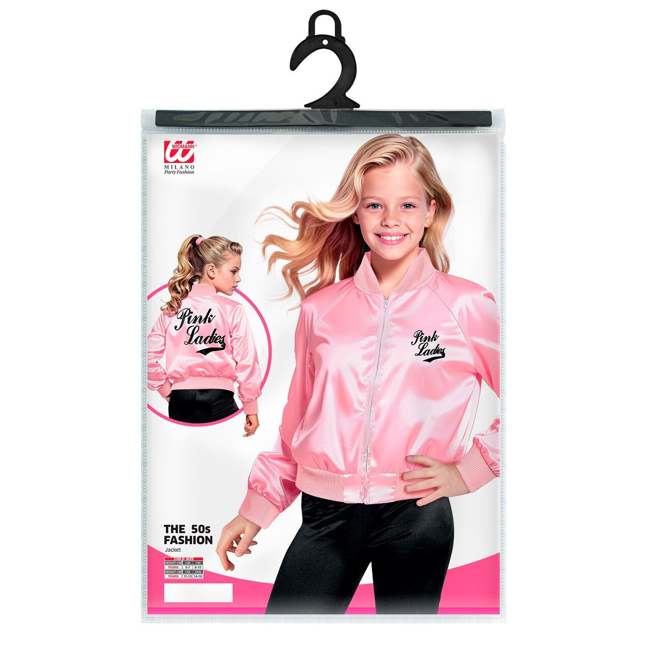 Op deze afbeelding zie je een Kostuums, van het merk Widmann. Pink Ladies Jas Grease Meisje