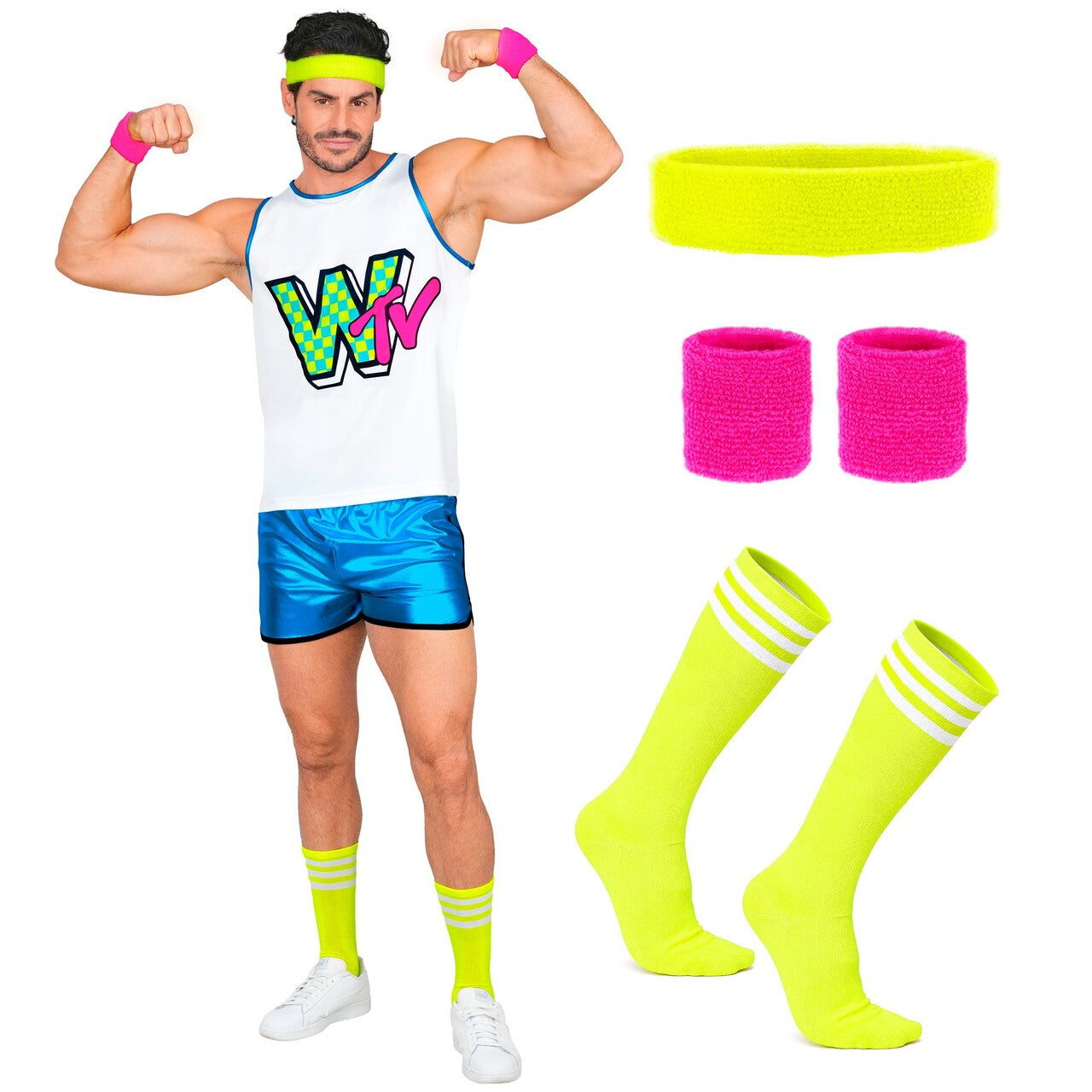 Op deze afbeelding zie je een Kostuums, van het merk Widmann. Jaren 80 Aerobicsbaas Man Kostuum