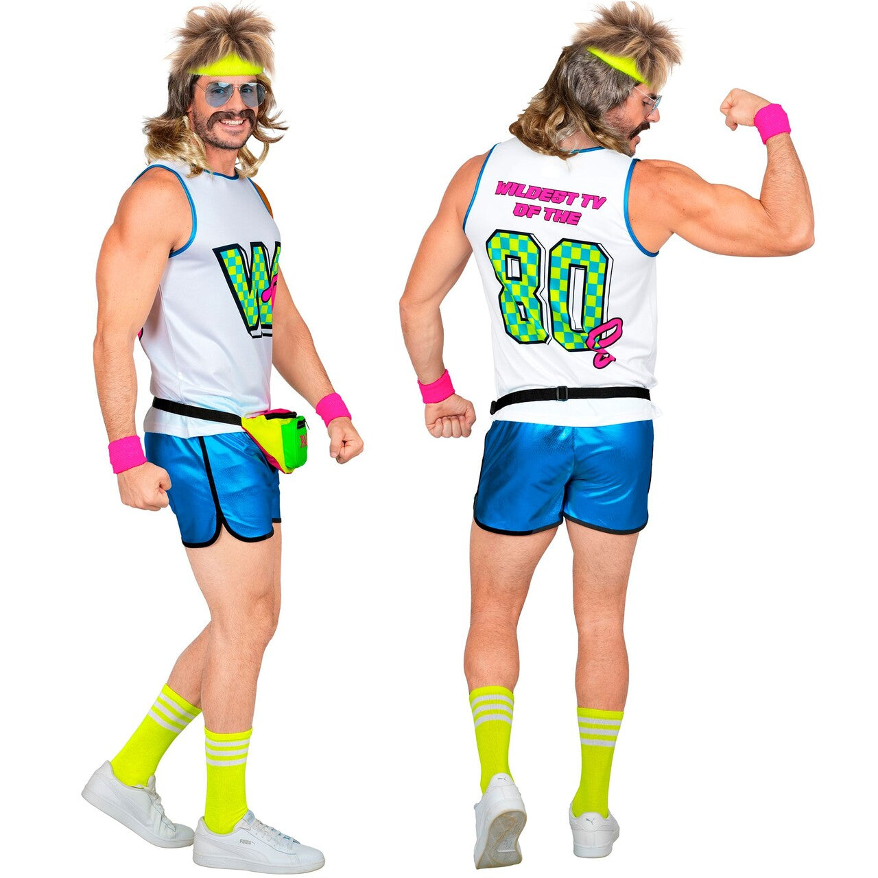 Op deze afbeelding zie je een Kostuums, van het merk Widmann. Jaren 80 Aerobicsbaas Man Kostuum