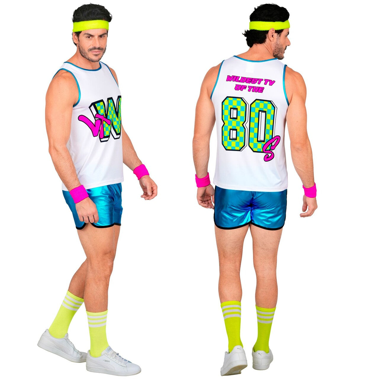 Op deze afbeelding zie je een Kostuums, van het merk Widmann. Jaren 80 Aerobicsbaas Man Kostuum
