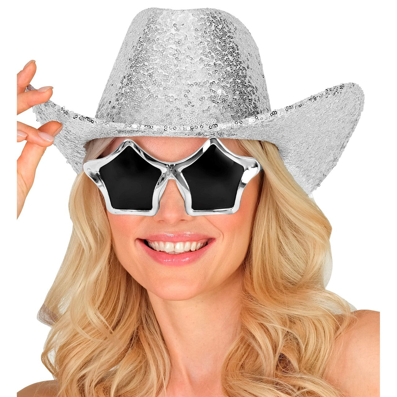 Op deze afbeelding zie je een Accessoires, van het merk Widmann. Cowboy Zilveren Paillettenhoed