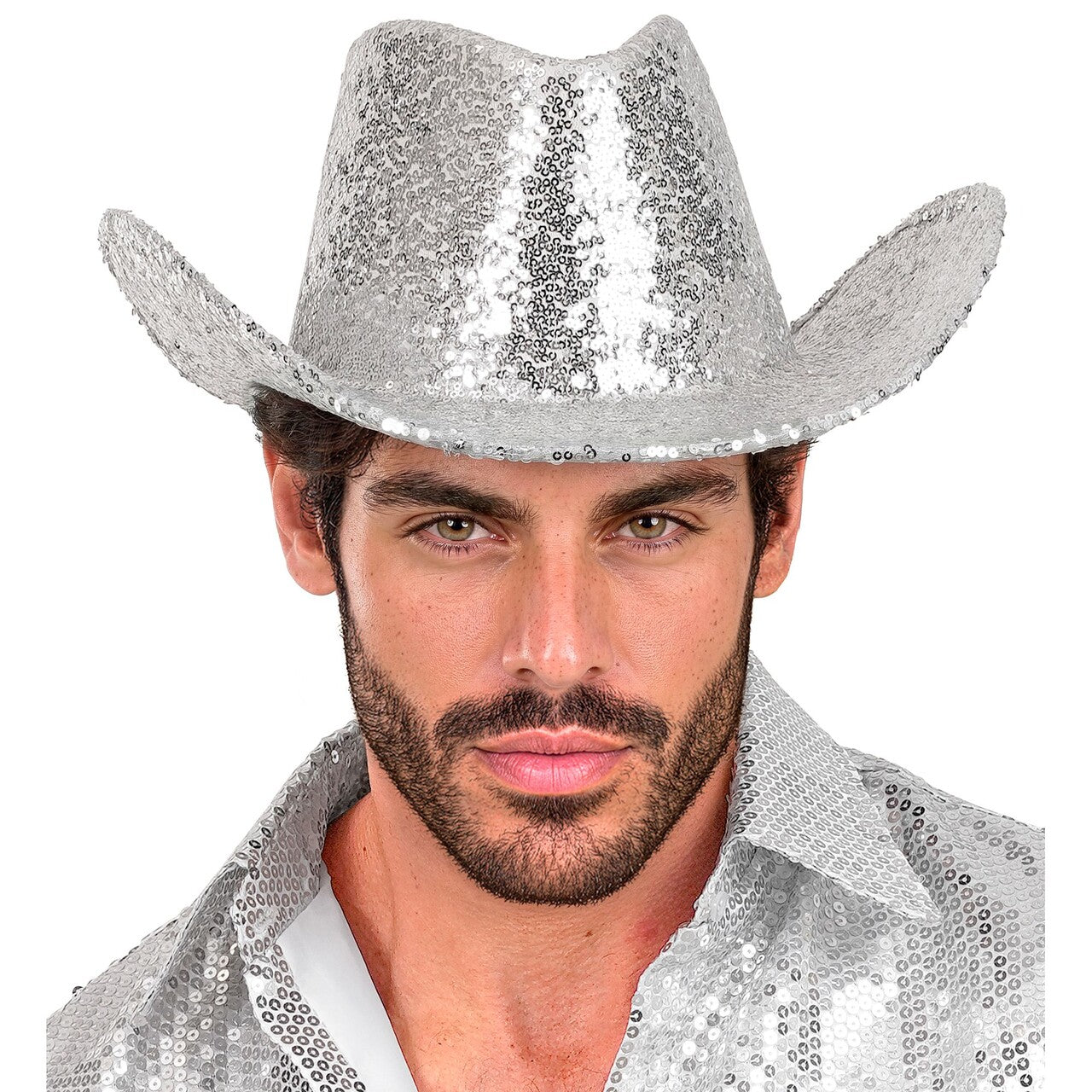 Op deze afbeelding zie je een Accessoires, van het merk Widmann. Cowboy Zilveren Paillettenhoed