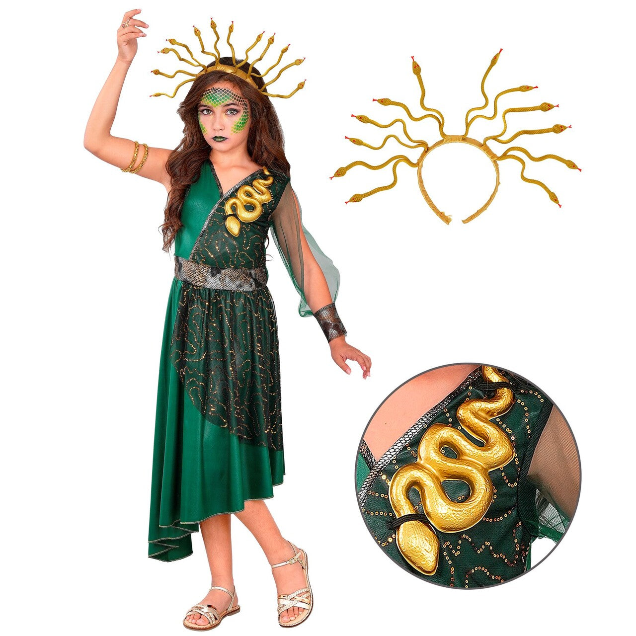 Op deze afbeelding zie je een Kostuums, van het merk Widmann. Mythische Medusa Meisje Kostuum