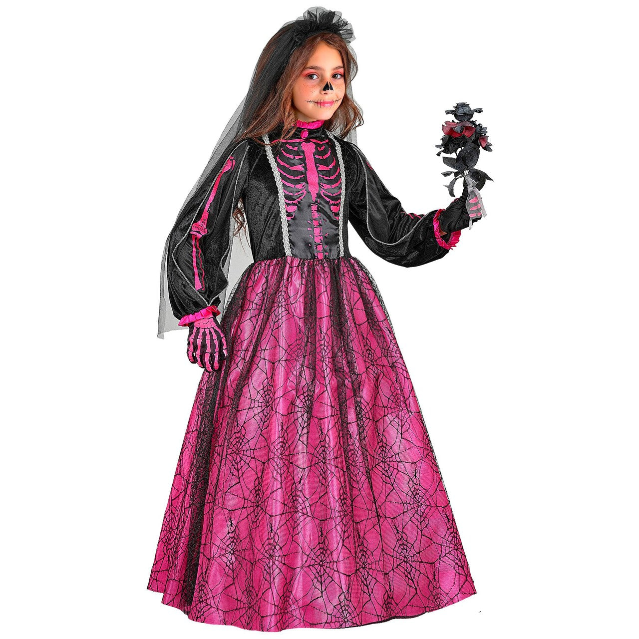 Op deze afbeelding zie je een Kostuums, van het merk Widmann. Skeleton Bride Meisje Kostuum