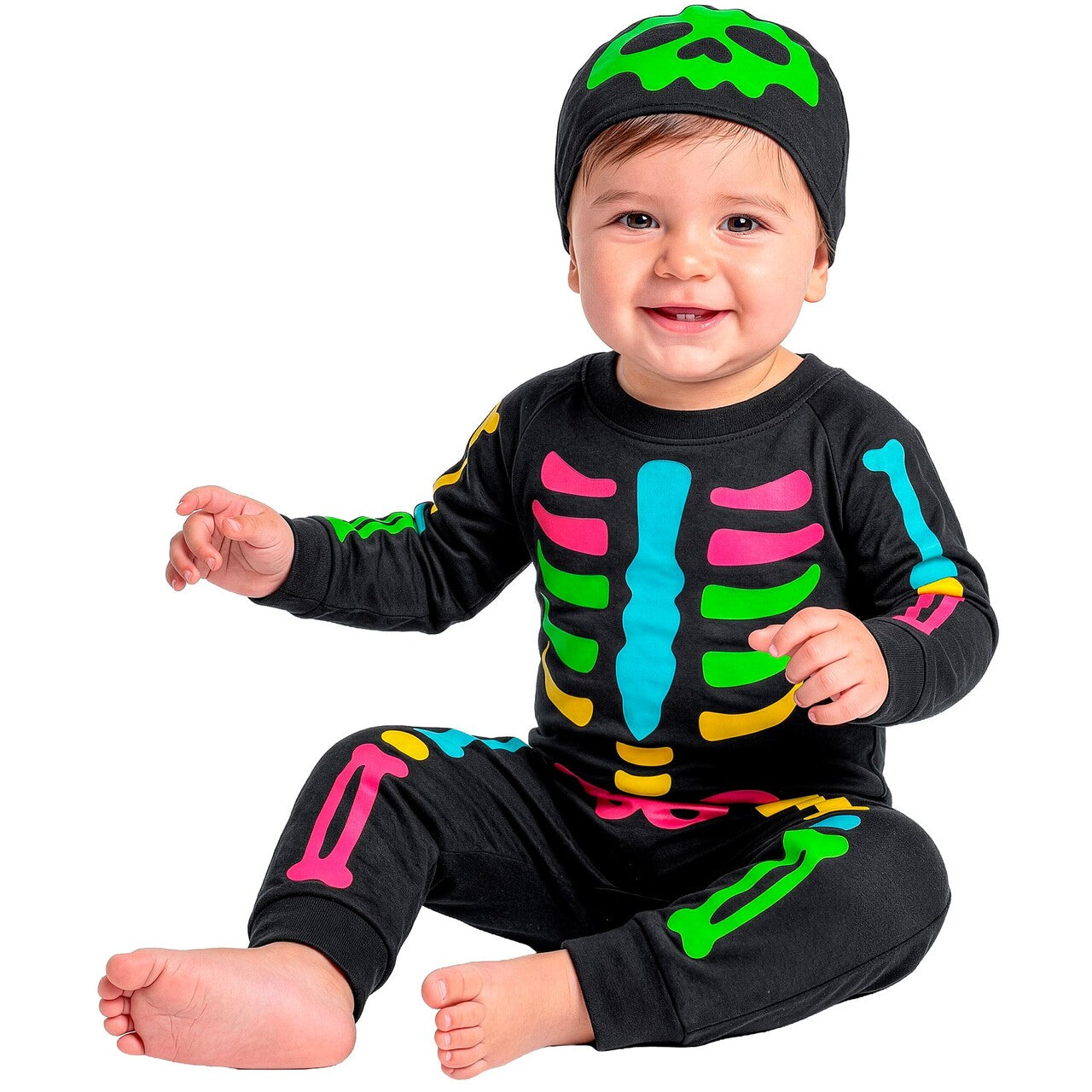 Op deze afbeelding zie je een Kostuums, van het merk Widmann. Colored Skeleton Kind Kostuum