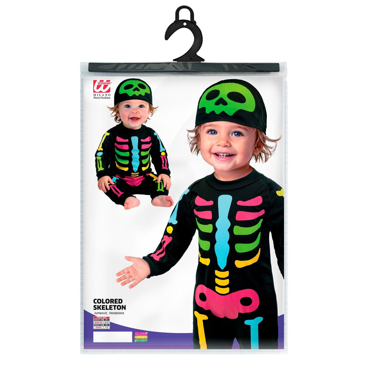 Op deze afbeelding zie je een Kostuums, van het merk Widmann. Colored Skeleton Kind Kostuum
