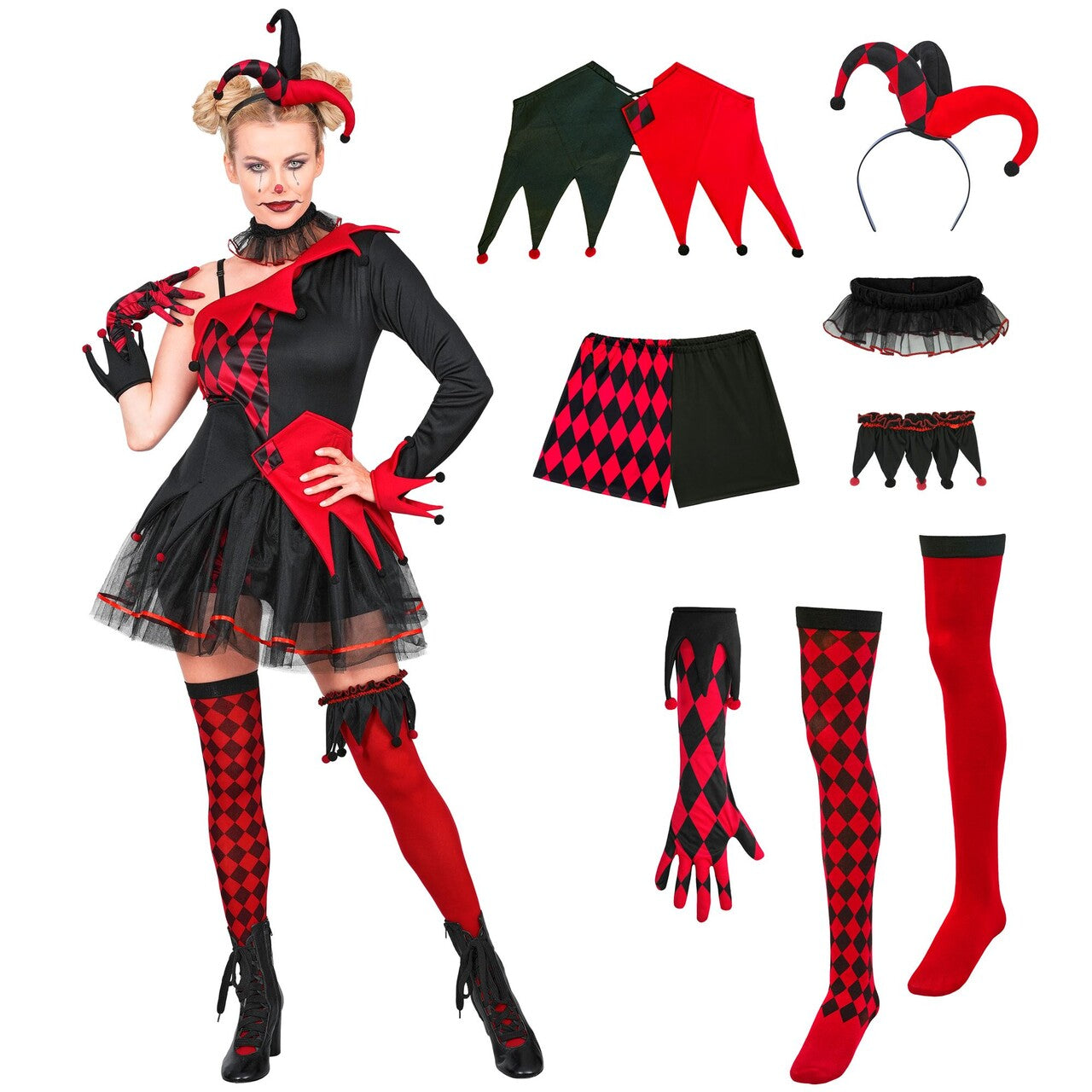 Op deze afbeelding zie je een Kostuums, van het merk Widmann. Evil Lady Jester Vrouw Kostuum