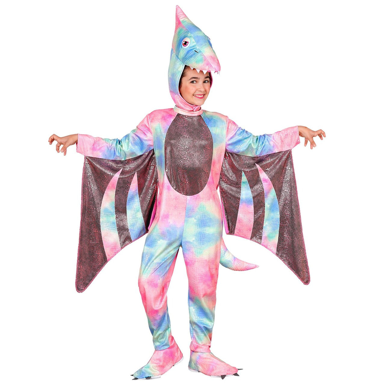 Op deze afbeelding zie je een Kostuums, van het merk Widmann. Kleurrijke Pterodactylus Meisje Kostuum