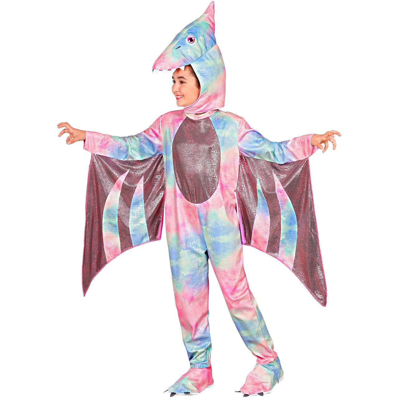Op deze afbeelding zie je een Kostuums, van het merk Widmann. Kleurrijke Pterodactylus Meisje Kostuum