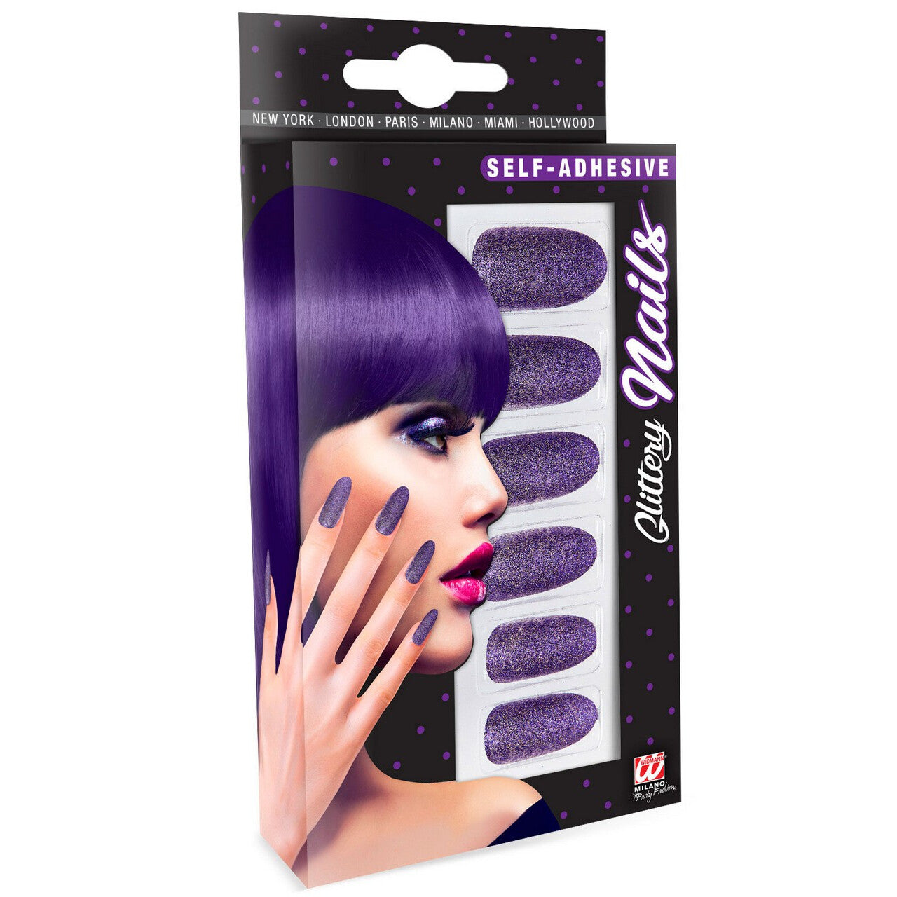 Op deze afbeelding zie je een Accessoires, van het merk Widmann. Nagels Diva Glitter Paars