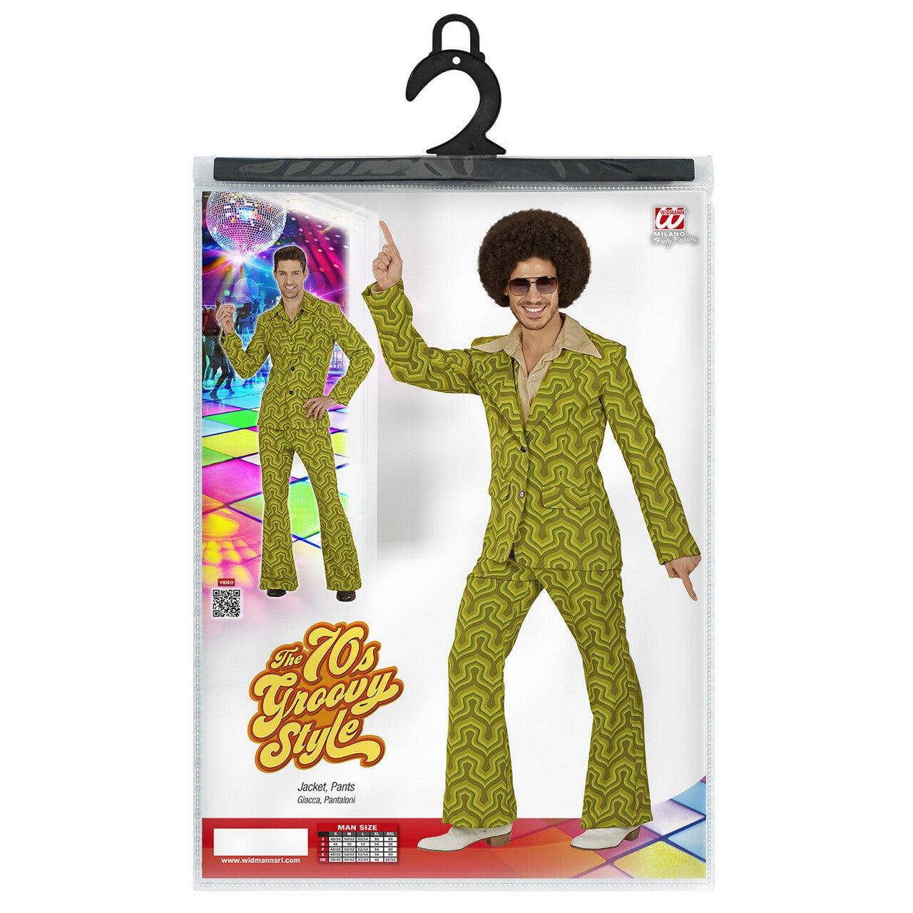 Op deze afbeelding zie je een Kostuums, van het merk Widmann. Groovy George 70s Heren Kostuum, Behang Man