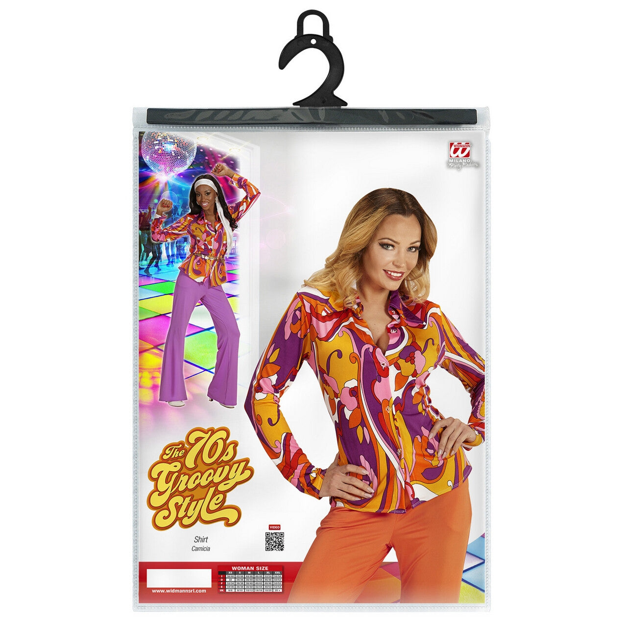 Op deze afbeelding zie je een Kostuums, van het merk Widmann. Groovy Gina 70s Dames Shirt, Orchidee Vrouw