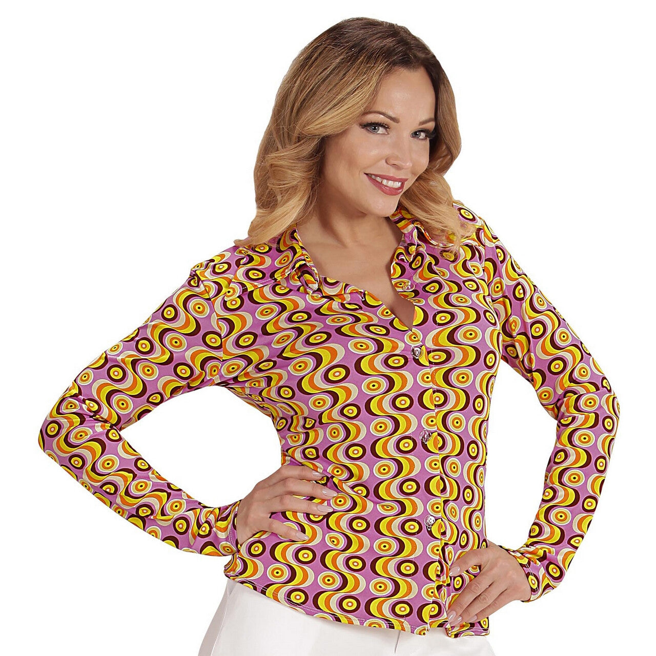 Op deze afbeelding zie je een Kostuums, van het merk Widmann. Groovy Gina 70s Dames Shirt, Lps Vrouw