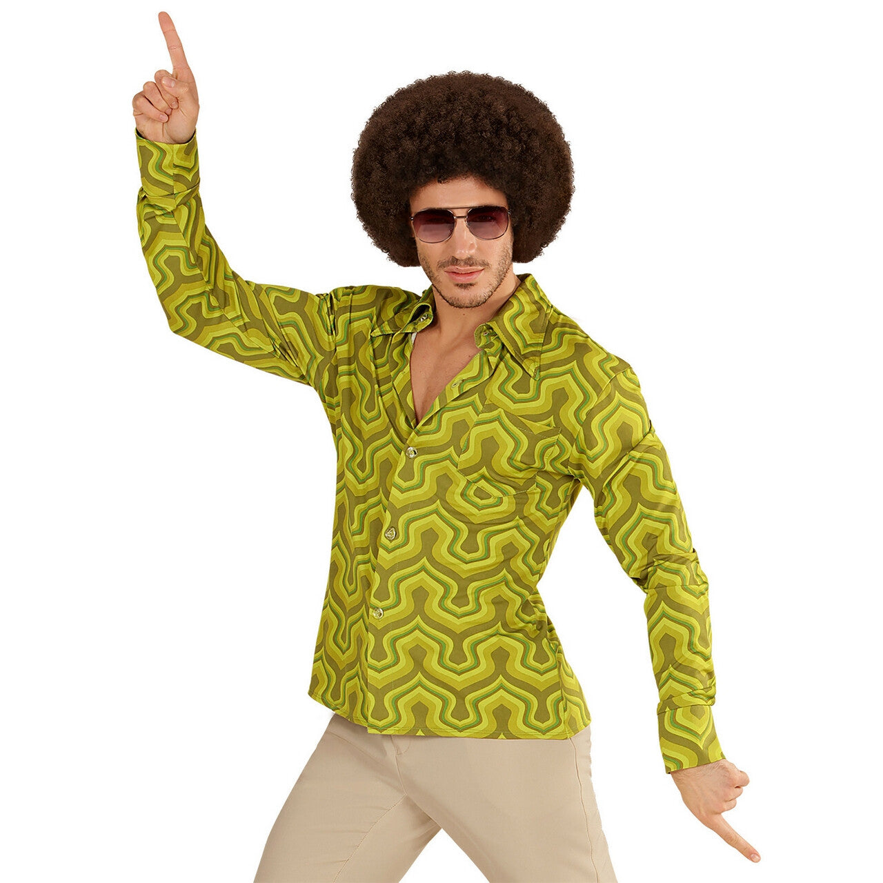 Op deze afbeelding zie je een Kostuums, van het merk Widmann. Groovy Garry 70s Heren Shirt, Behang Man