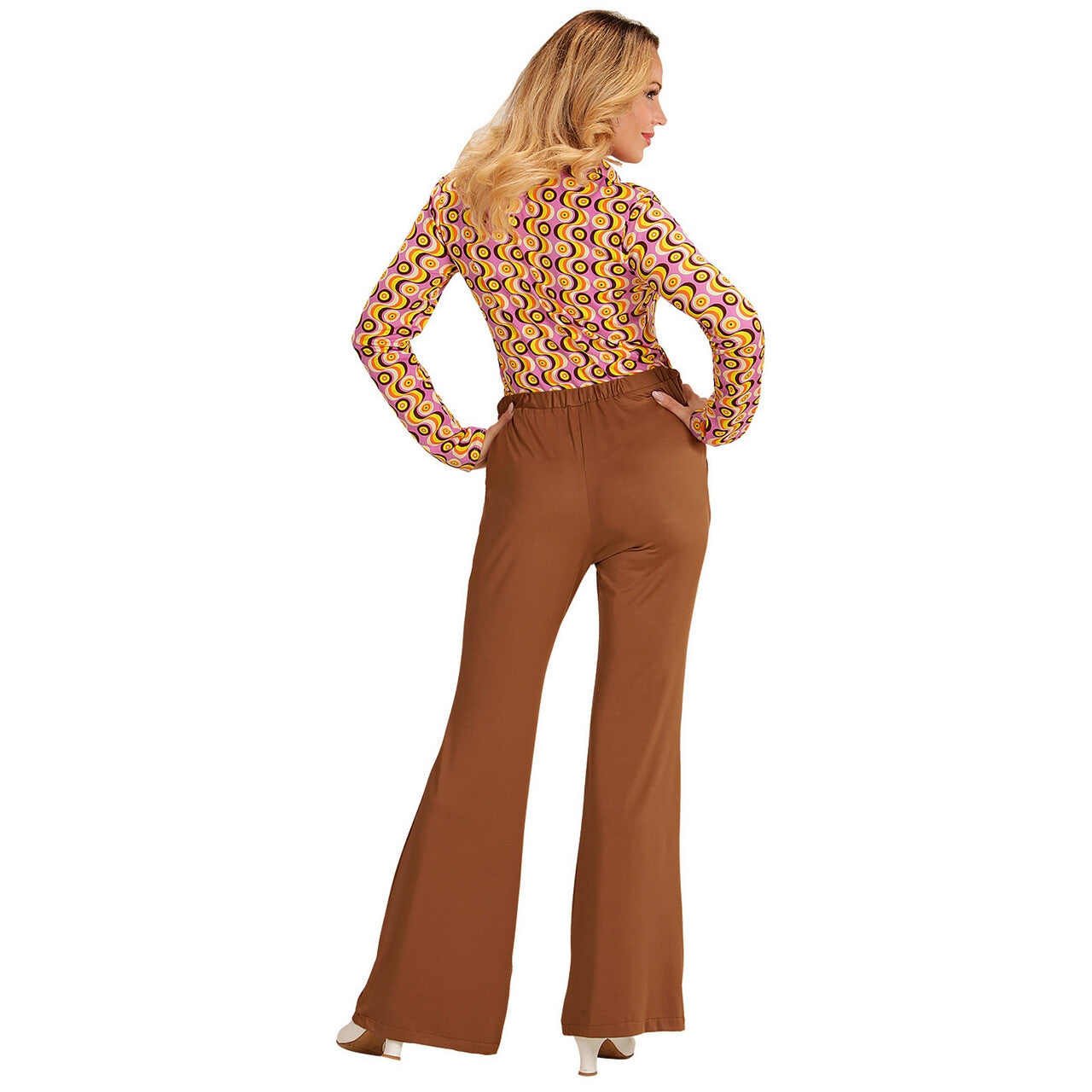 Op deze afbeelding zie je een Kostuums, van het merk Widmann. Groovy Gwendolyn 70s Dames Broek, Bruin Vrouw