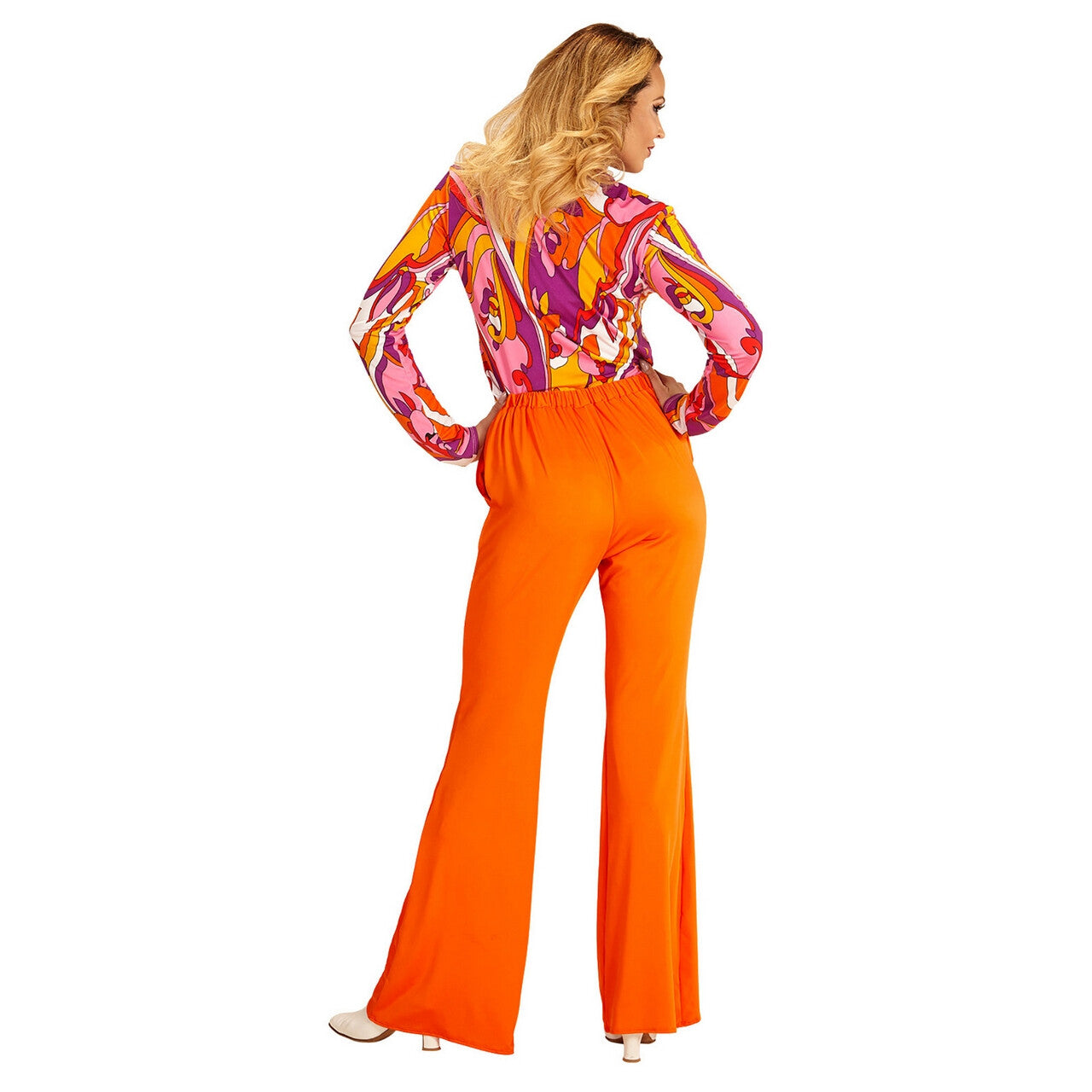 Op deze afbeelding zie je een Kostuums, van het merk Widmann. Groovy Gwendolyn 70s Dames Broek, Oranje Vrouw
