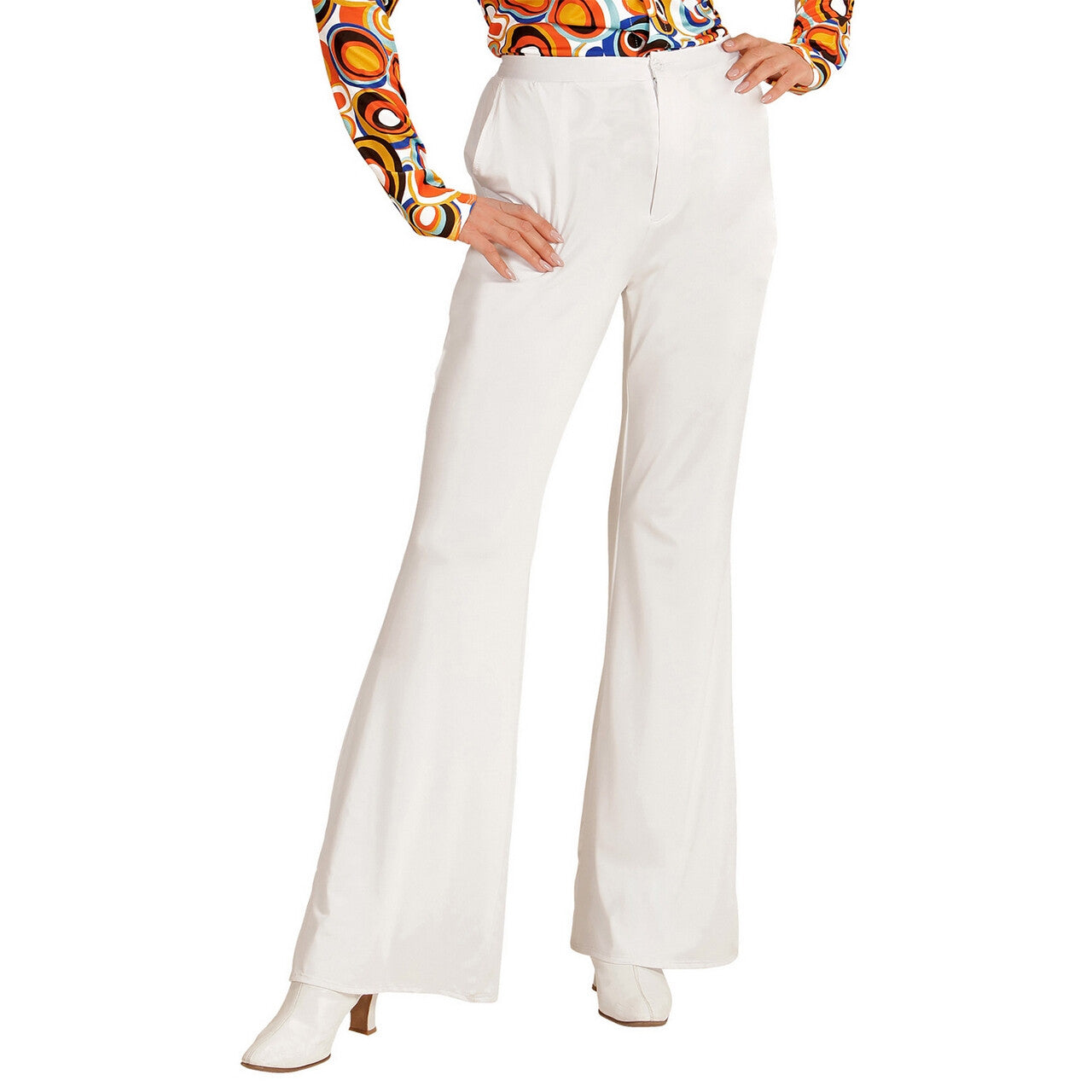 Op deze afbeelding zie je een Kostuums, van het merk Widmann. Groovy Gwendolyn 70s Dames Broek, Wit Vrouw