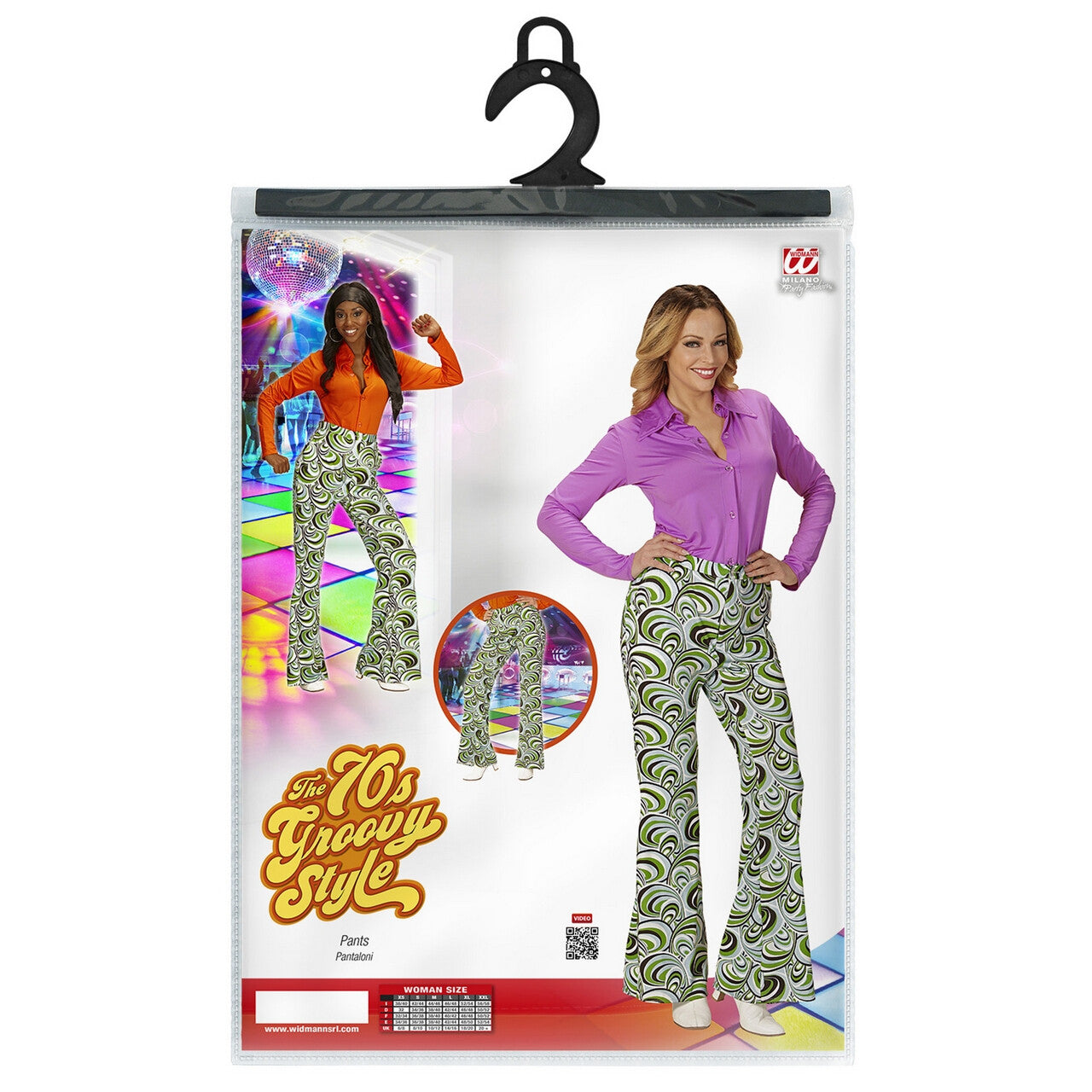 Op deze afbeelding zie je een Kostuums, van het merk Widmann. Groovy Gwendolyn 70s Dames Broek, Golven Vrouw