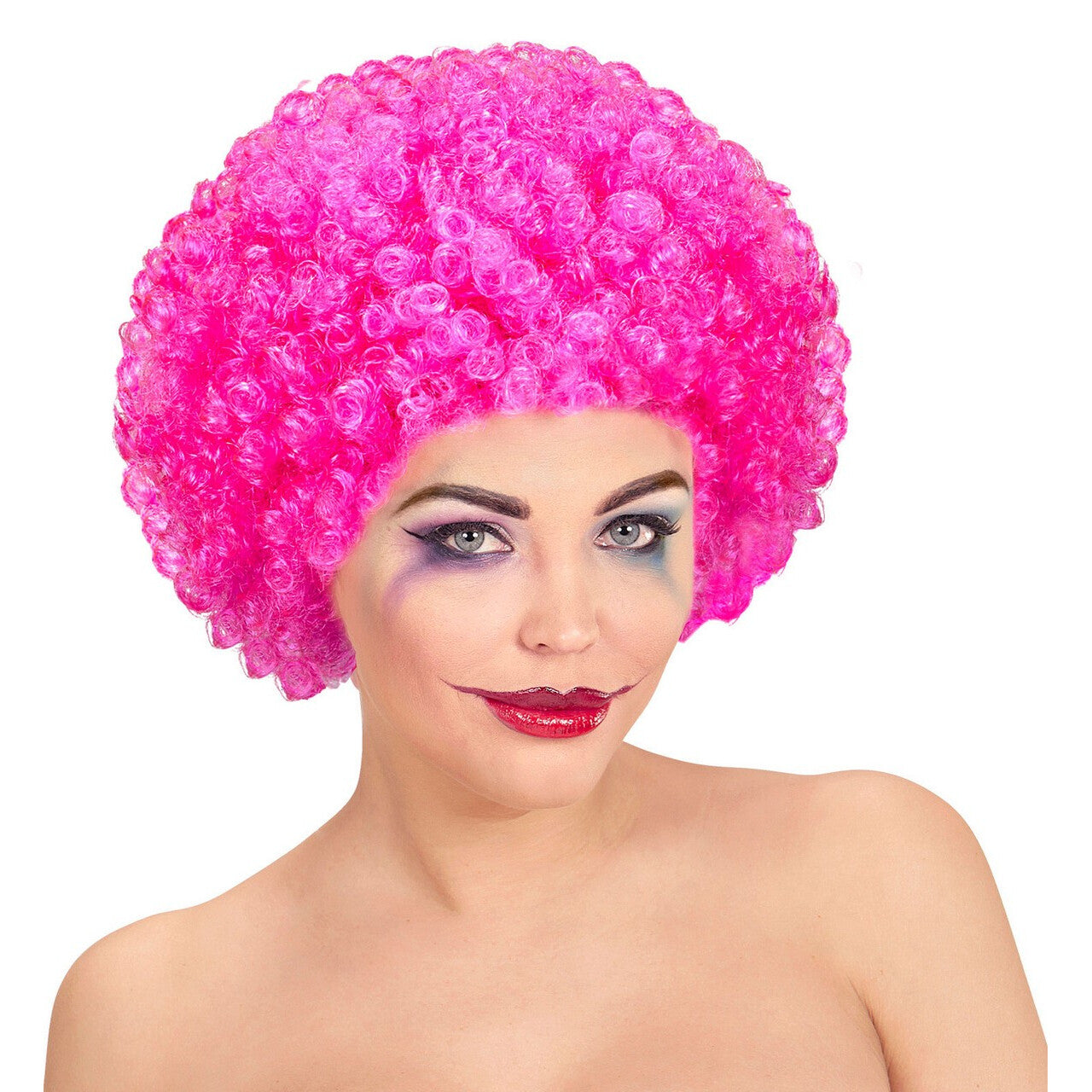 Op deze afbeelding zie je een Accessoires, van het merk Widmann. Afro Clownpruik Krullen, Roze