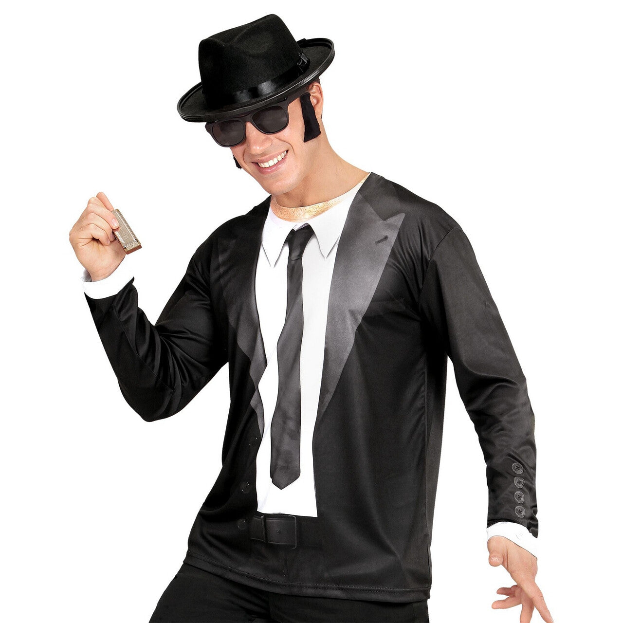 Op deze afbeelding zie je een Kostuums, van het merk Widmann. T-Shirt Lange Mouwen Blues Brother Man