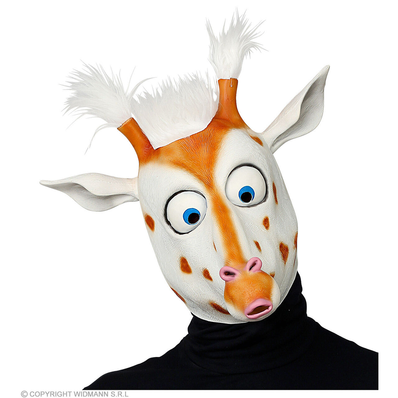 Op deze afbeelding zie je een Accessoires, van het merk Widmann. Scheel Kijkende Giraffe Masker Met Pluche Haartjes