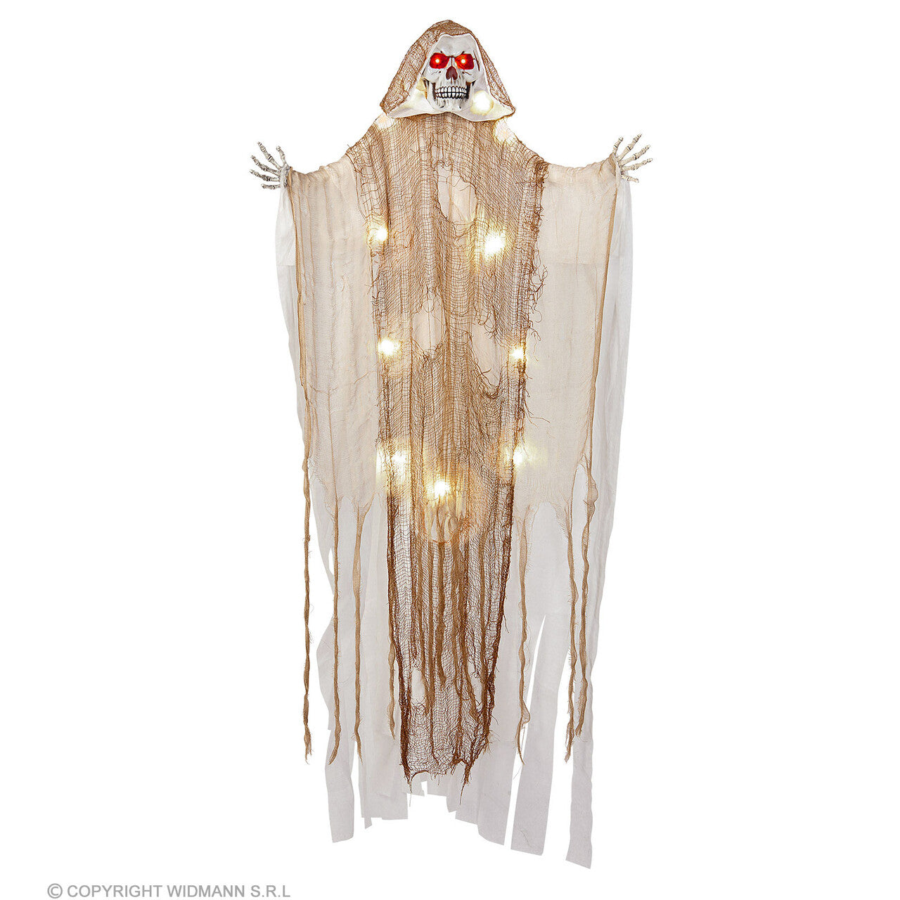 Op deze afbeelding zie je een Decoratie, van het merk Widmann. Hangende Magere Hein Spook Met Lichtjes 170 Centimeter