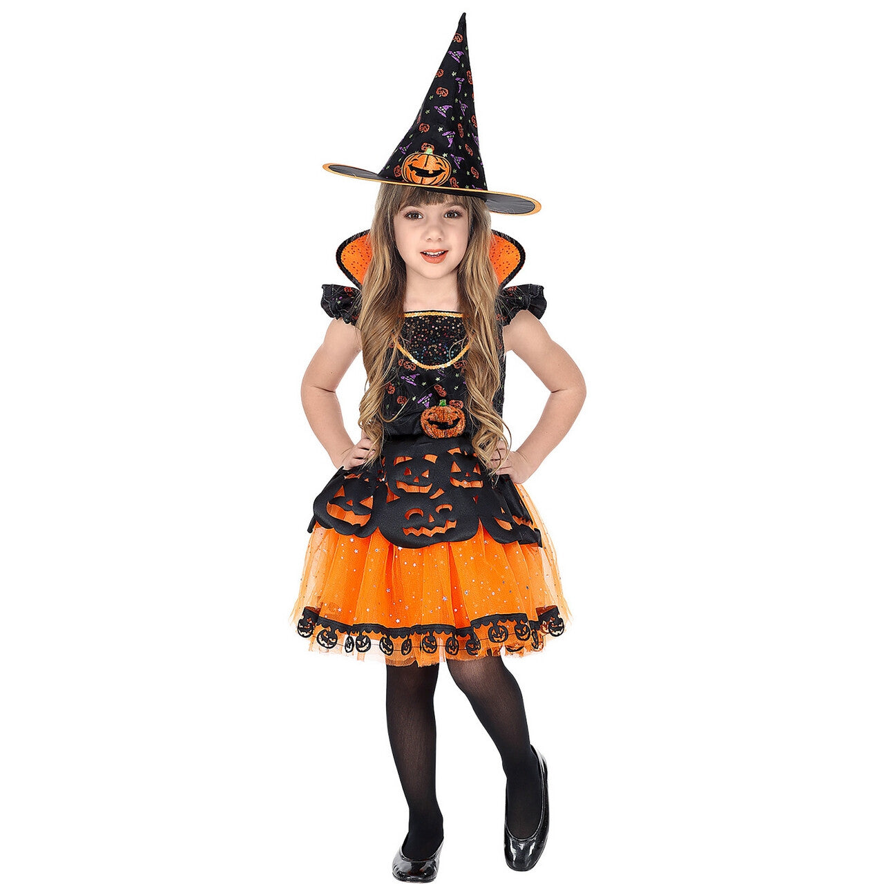 Op deze afbeelding zie je een Kostuums, van het merk Widmann. Pompoen Heks Halloween Meisje Kostuum