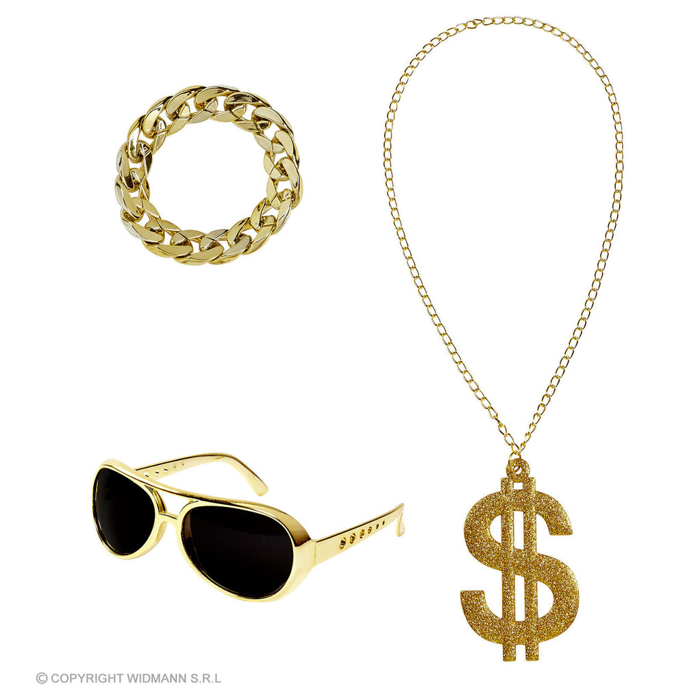Op deze afbeelding zie je een Accessoires, van het merk Widmann. Foute Gouden Rapper Set Zonnebril, Ketting, Armband