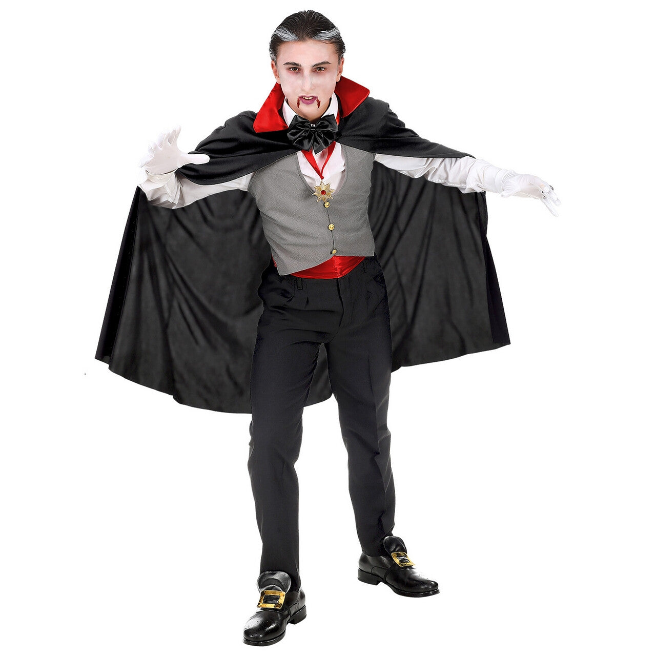 Op deze afbeelding zie je een Kostuums, van het merk Widmann. Gave Graaf Dracula Vampier Jongen Kostuum