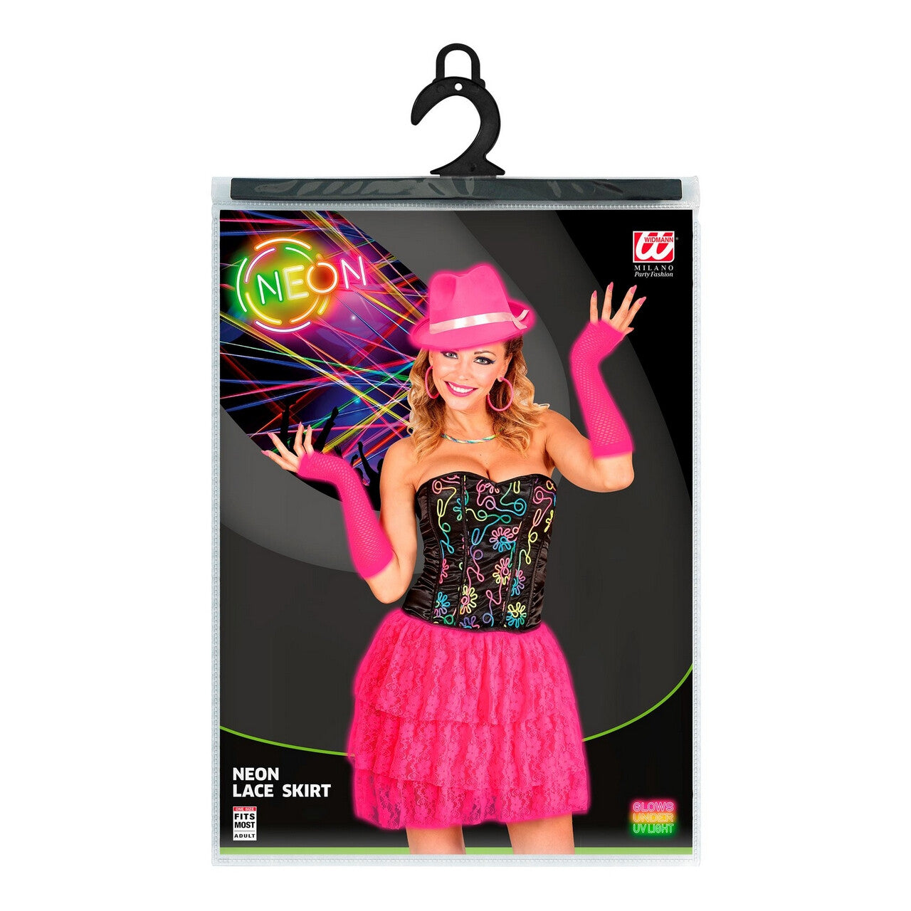 Op deze afbeelding zie je een Kostuums, van het merk Widmann. Neon Roze Kanten Disco Rok Vrouw