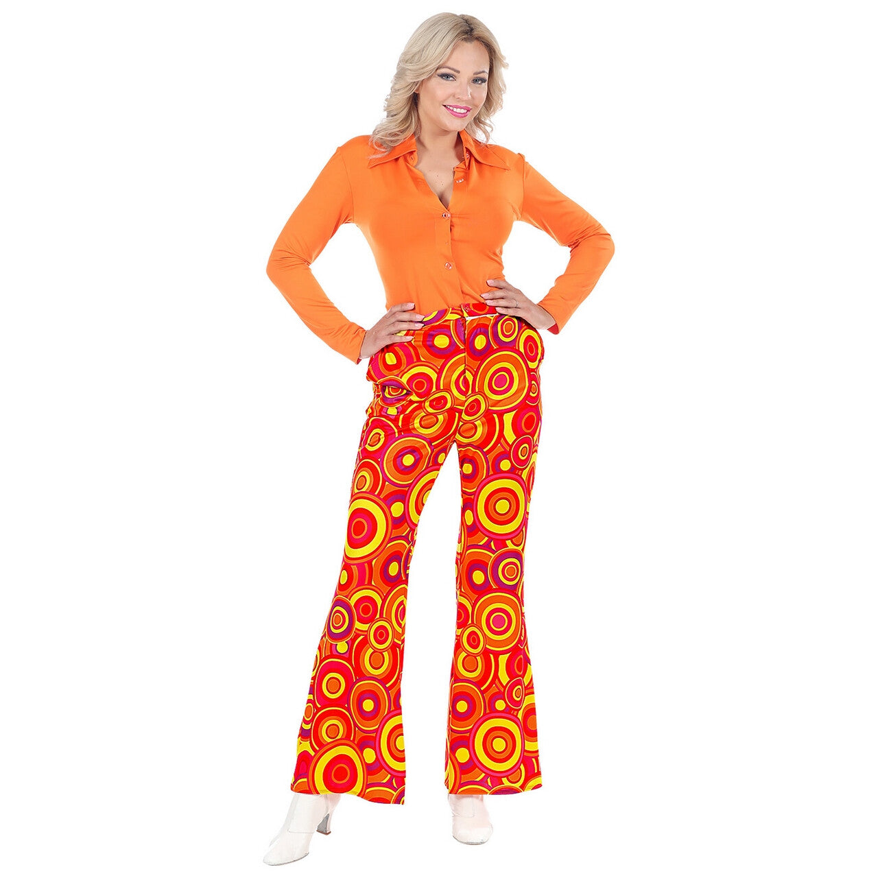 Op deze afbeelding zie je een Kostuums, van het merk Widmann. Knaloranje Jaren 70 Koningin Van De Dansvloer Broek Vrouw