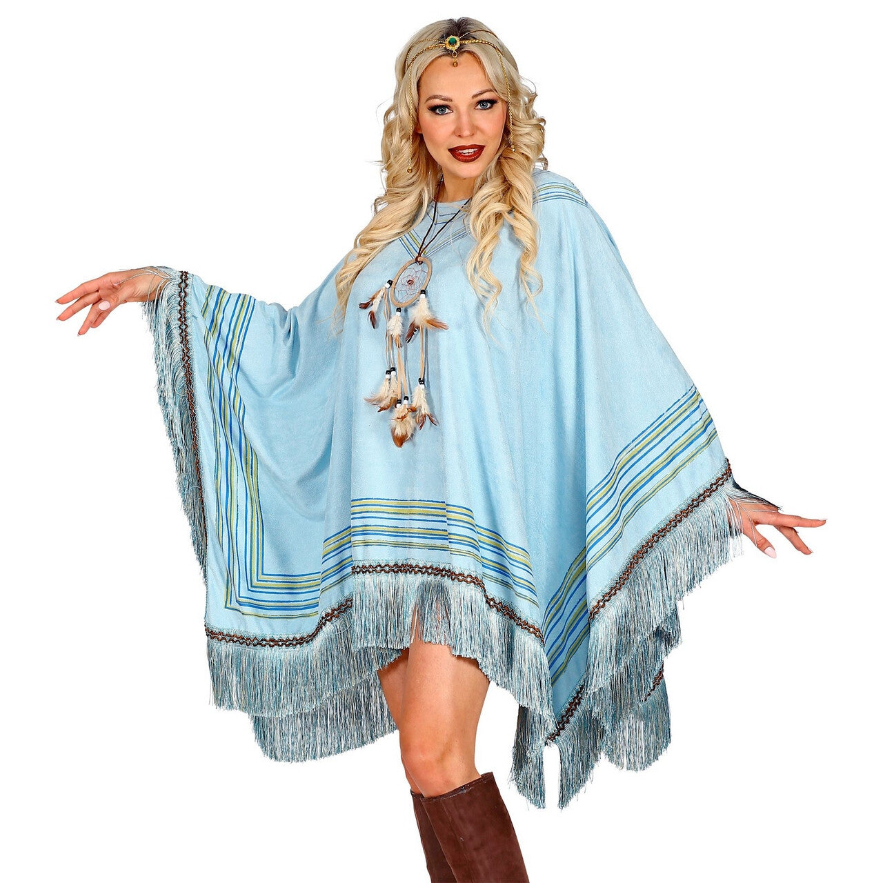 Op deze afbeelding zie je een Kostuums, van het merk Widmann. Luxe Hemelsblauwe Indianen Poncho