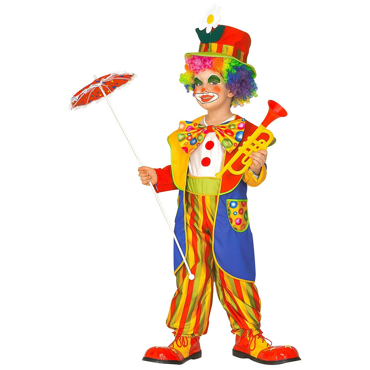 Op deze afbeelding zie je een Kostuums, van het merk Widmann. Knettergekke Clown Circus Rondellini Kind Kostuum