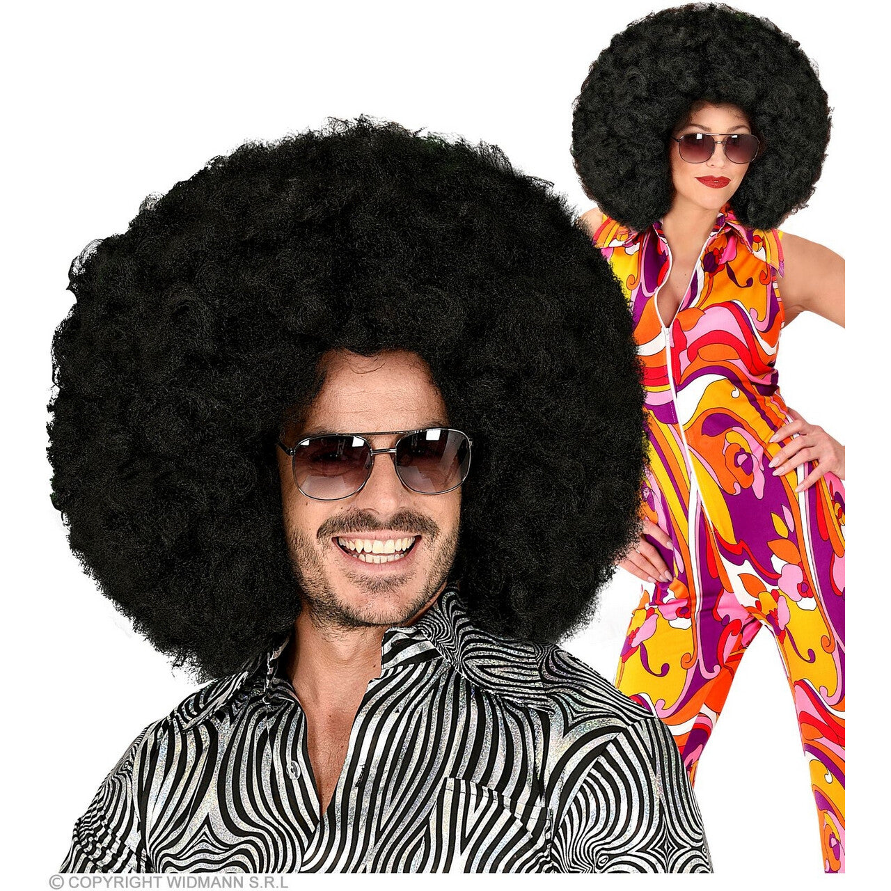 Op deze afbeelding zie je een Accessoires, van het merk Widmann. Gigantisch Grote Afro Disco Pruik Zwart Tito