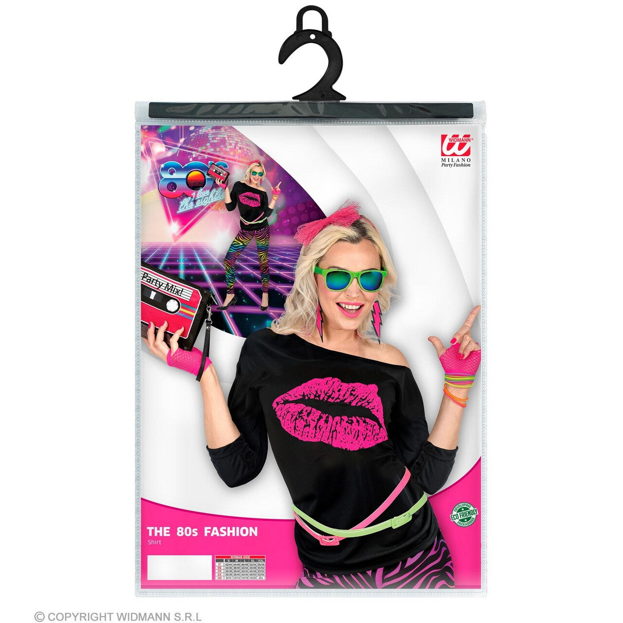 Op deze afbeelding zie je een Kostuums, van het merk Widmann. 80s Shirt Big Kiss Vrouw