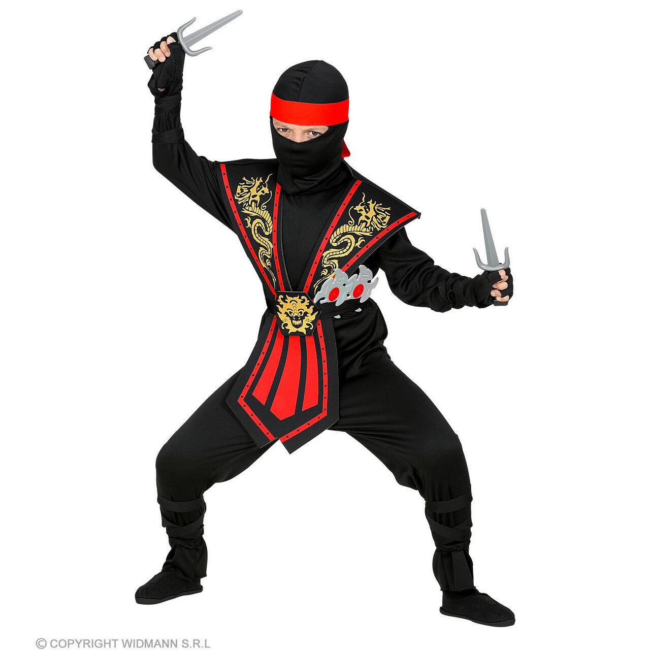 Op deze afbeelding zie je een Kostuums, van het merk Widmann. Vurige Draken Ninja Met Wapens Kind Jongen Kostuum
