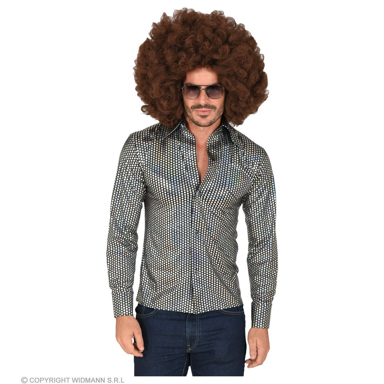 Op deze afbeelding zie je een Kostuums, van het merk Widmann. 70s Swingende Discobal Shirt Man