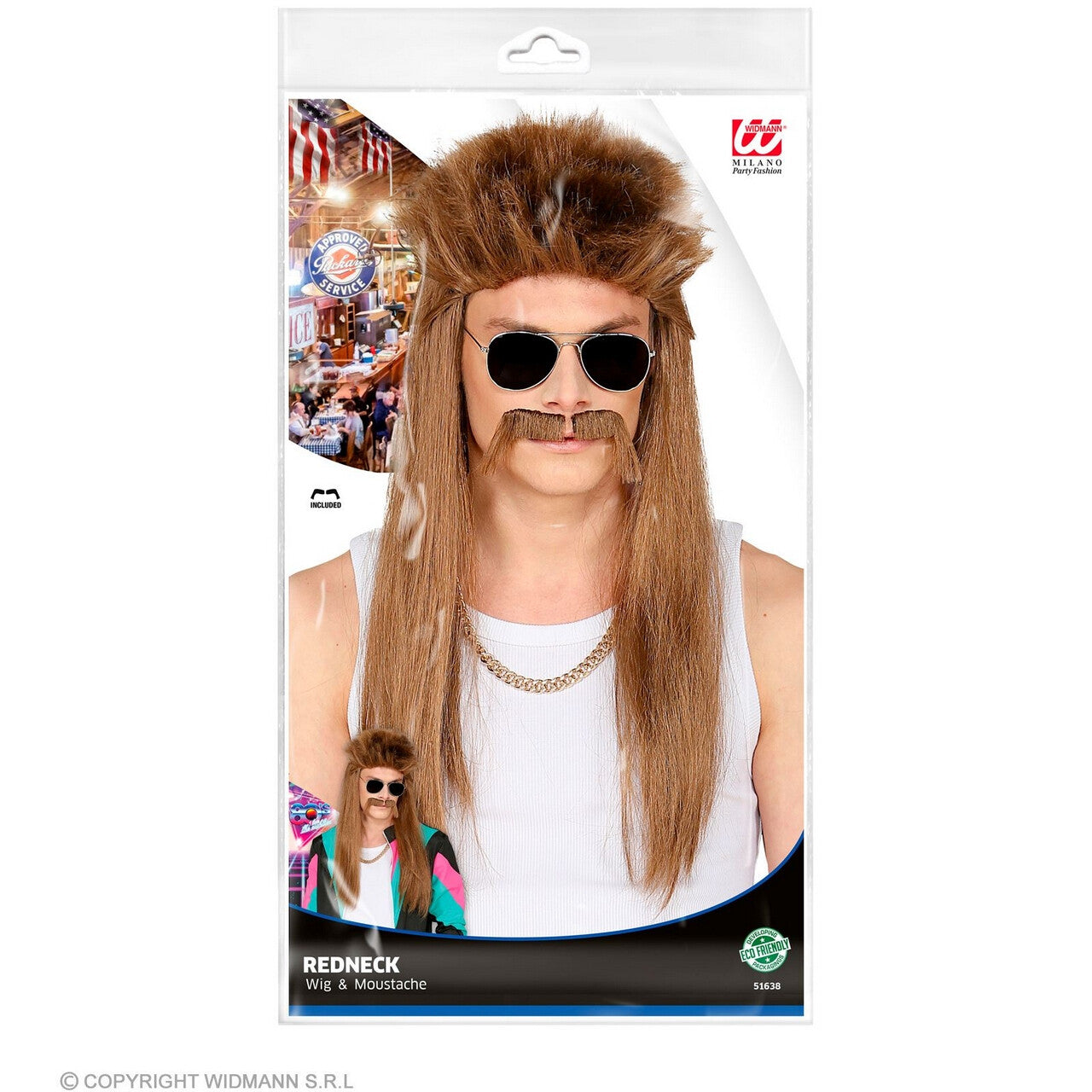 Op deze afbeelding zie je een Accessoires, van het merk Widmann. Pruik New Kids Redneck Met Snor