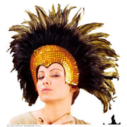 Op deze afbeelding zie je een Accessoires, van het merk Widmann. Hoofdbedekking Met Glitters En Veren Samba Goud