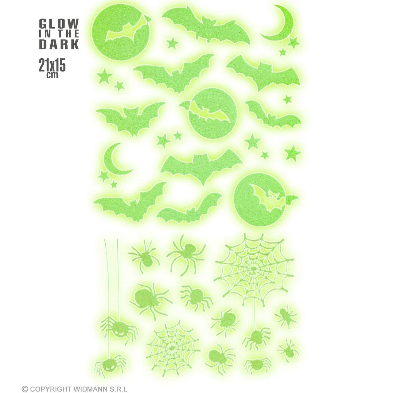 Op deze afbeelding zie je een Decoratie, van het merk Widmann. Glow In The Dark Halloween Spinnen En Vleermuizen Stickers