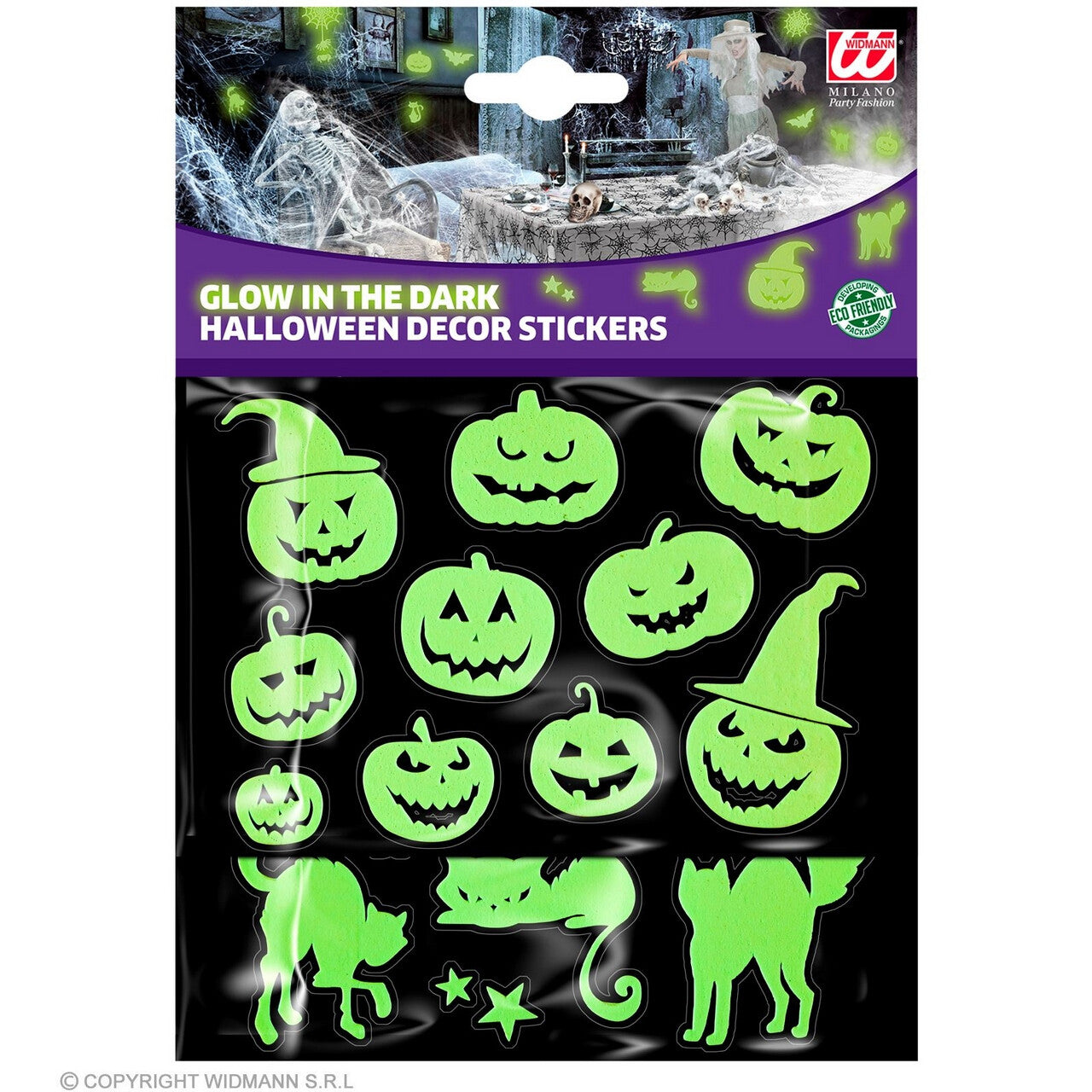 Op deze afbeelding zie je een Decoratie, van het merk Widmann. Glow In The Dark Halloween Pompoenen En Katten Stickers