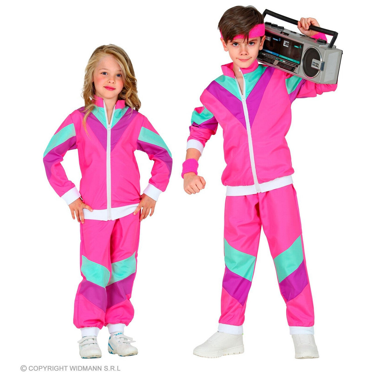 Op deze afbeelding zie je een Kostuums, van het merk Widmann. Jaren 80 Retro New Kids Trainingspak Roze Kind Kostuum