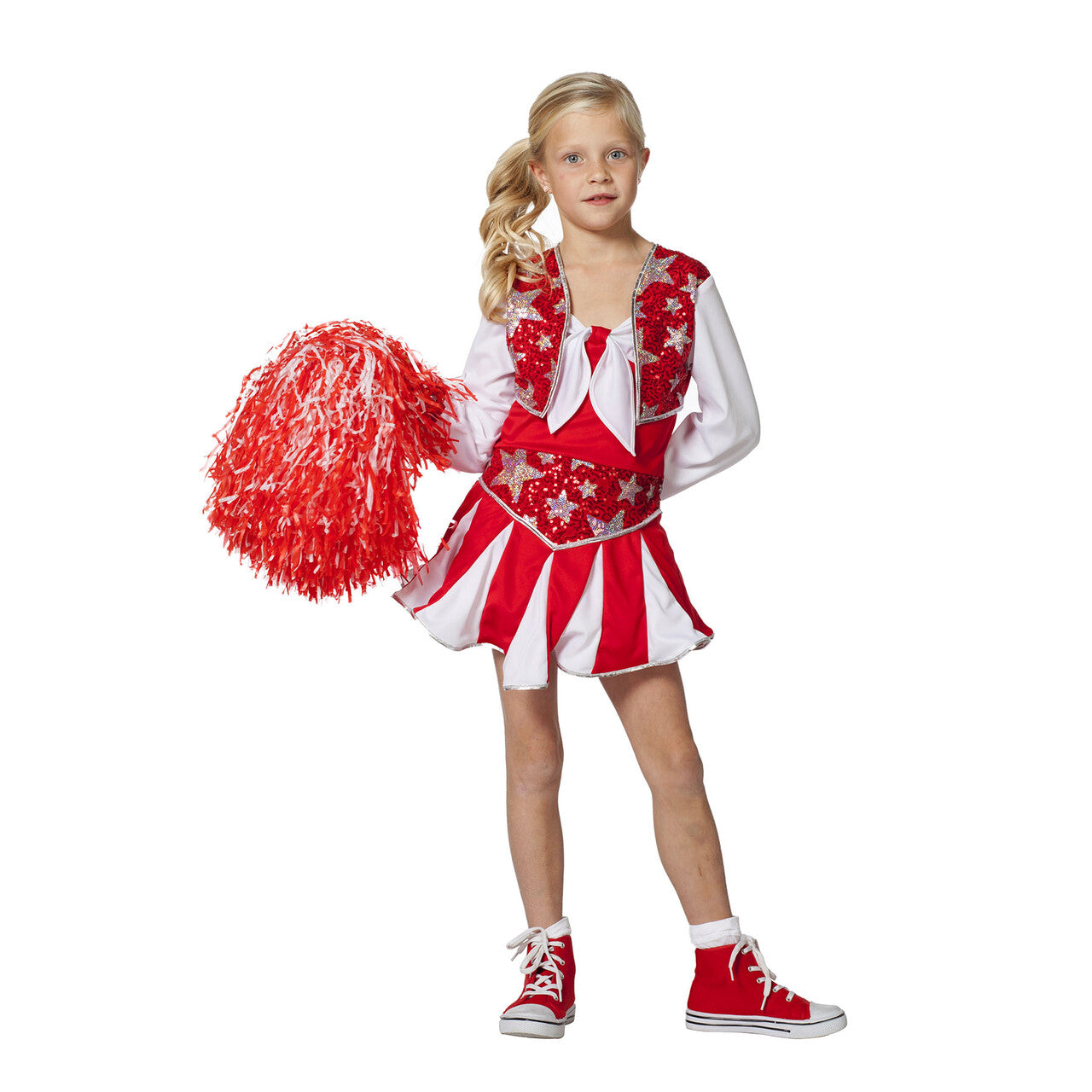 Op deze afbeelding zie je een Kostuums, van het merk Wilbers. Dansende Cheerleader Luxe Rood Meisje Kostuum
