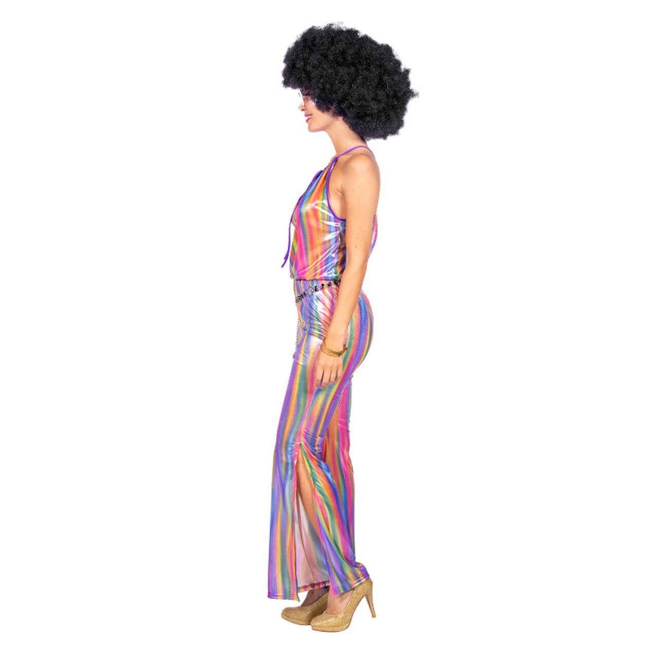 Op deze afbeelding zie je een Kostuums, van het merk Wilbers. Disco Catsuit Rainbow Vrouw Kostuum