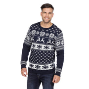 Op deze afbeelding zie je een Kostuums, van het merk Wilbers. Blauw Witte Kerst Trui Rendieren En Sneeuw Man