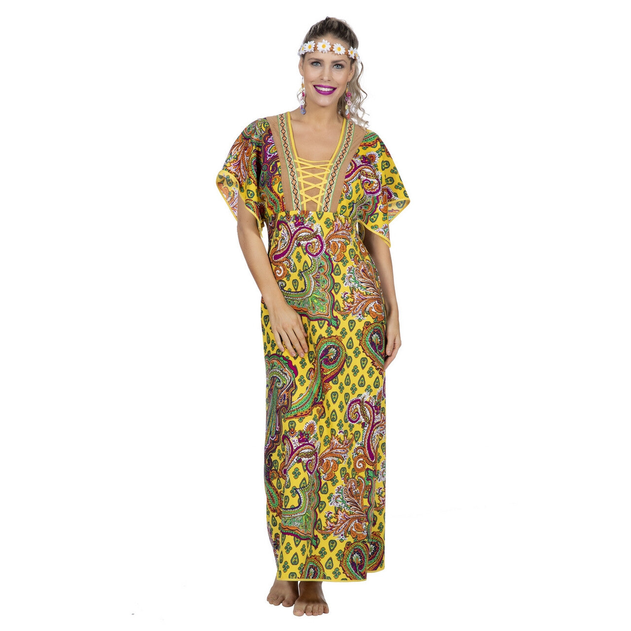 Op deze afbeelding zie je een Kostuums, van het merk Wilbers. Woodstock Hippie Lang Paisley Vrouw Kostuum