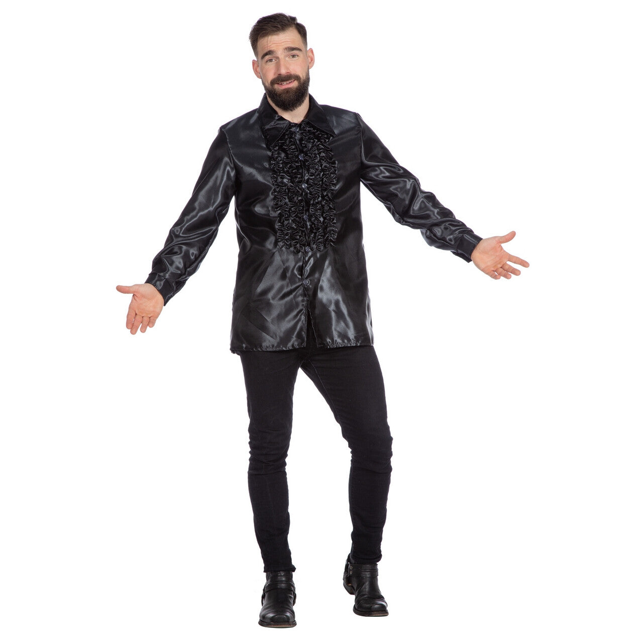 Op deze afbeelding zie je een Kostuums, van het merk Wilbers. Zwarte Ruches Blouse Satijn Foute Disco